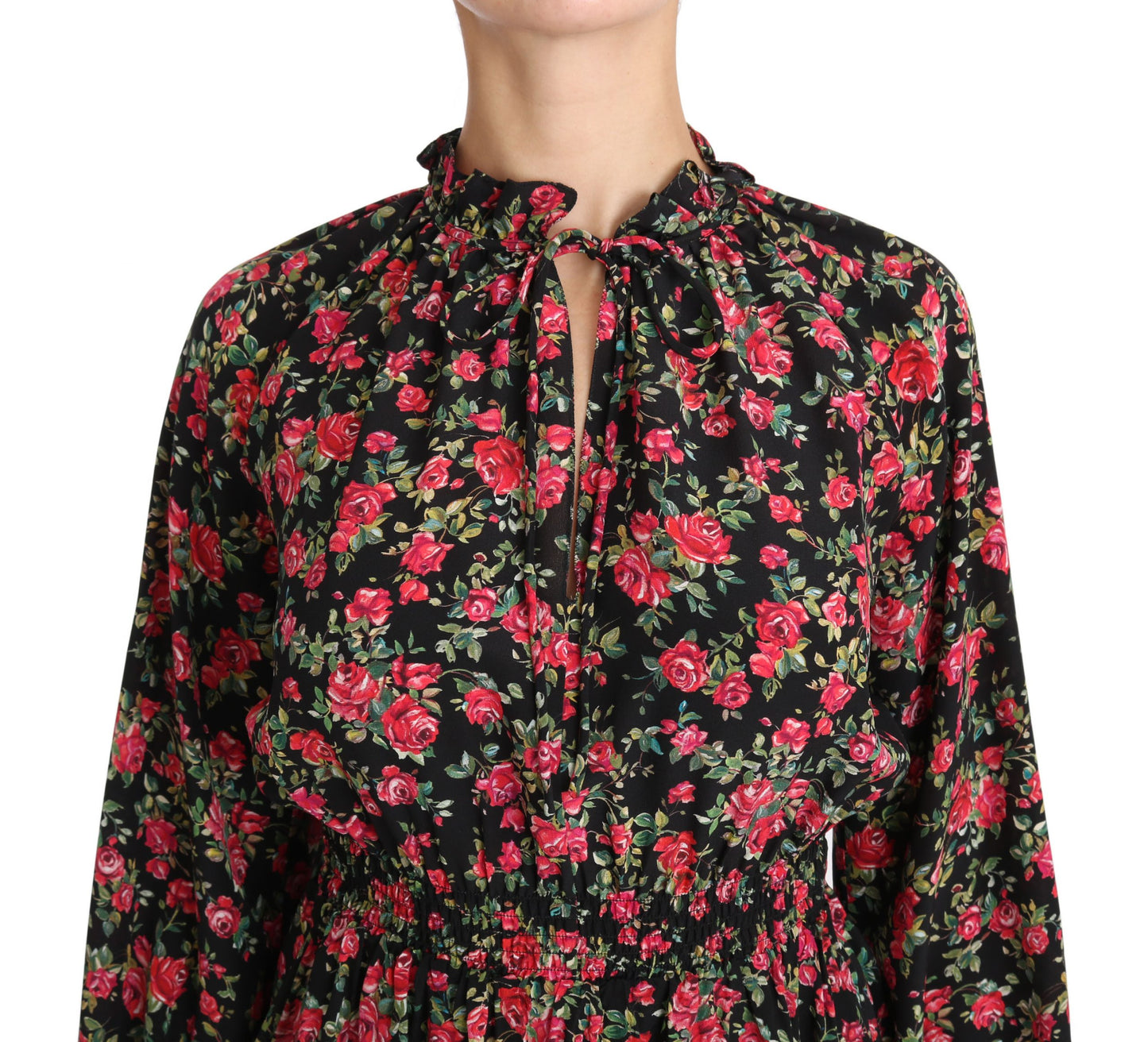 Schwarze Bluse mit Blumenmuster und Rosenmuster