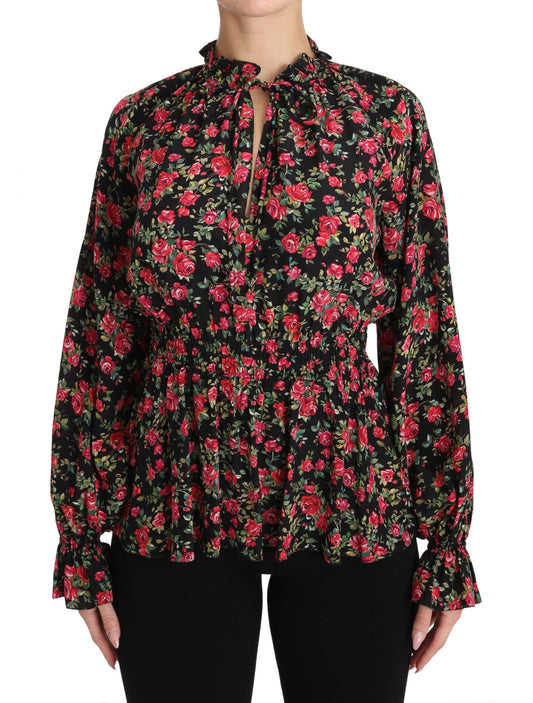 Schwarze Bluse mit Blumenmuster und Rosenmuster
