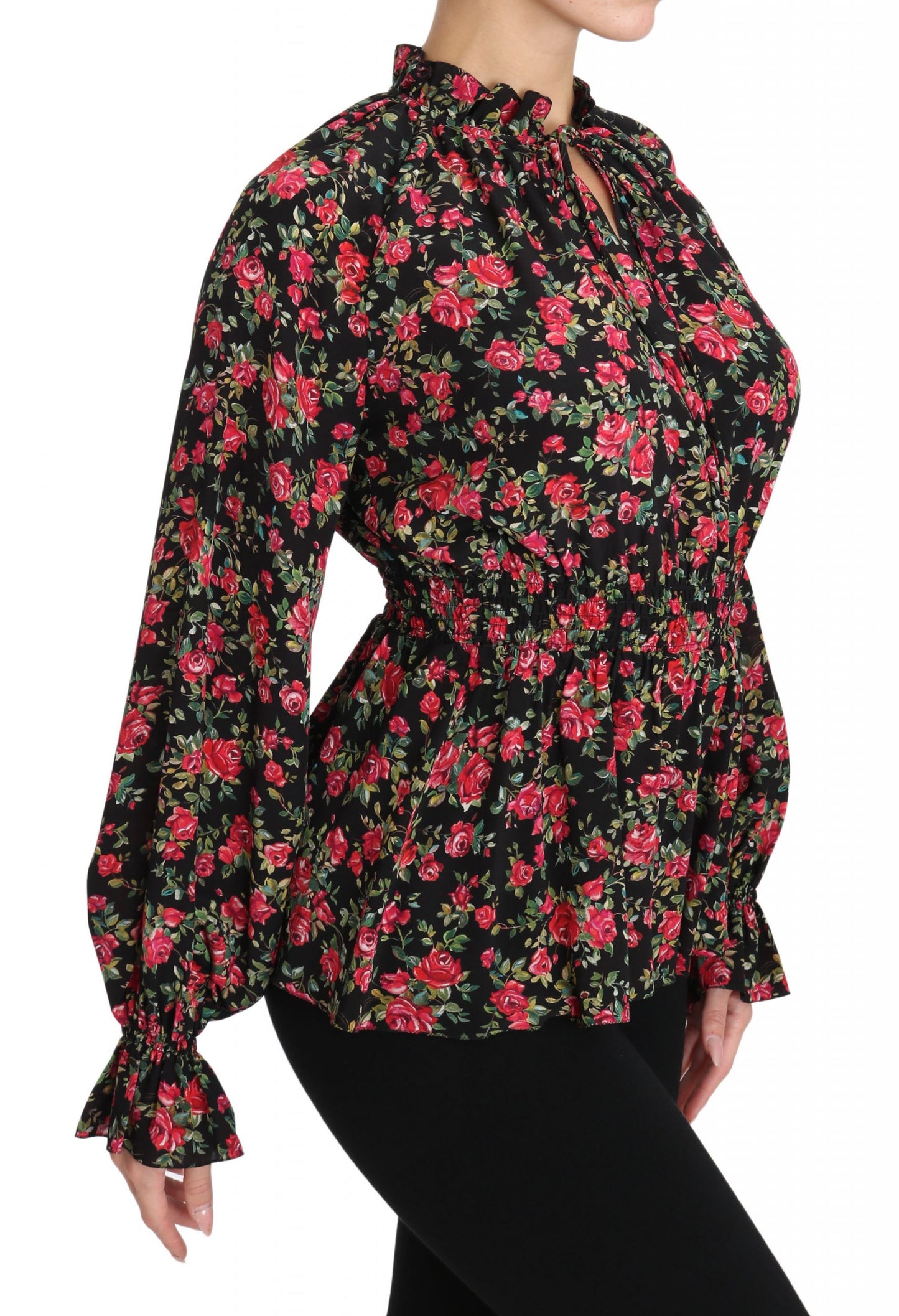 Schwarze Bluse mit Blumenmuster und Rosenmuster