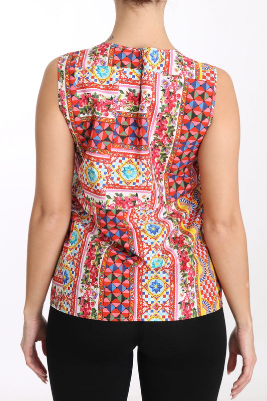 Tanktop aus reiner Baumwolle mit Carretto-Print und Blumenbluse