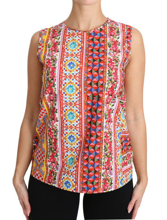 Tanktop aus reiner Baumwolle mit Carretto-Print und Blumenbluse