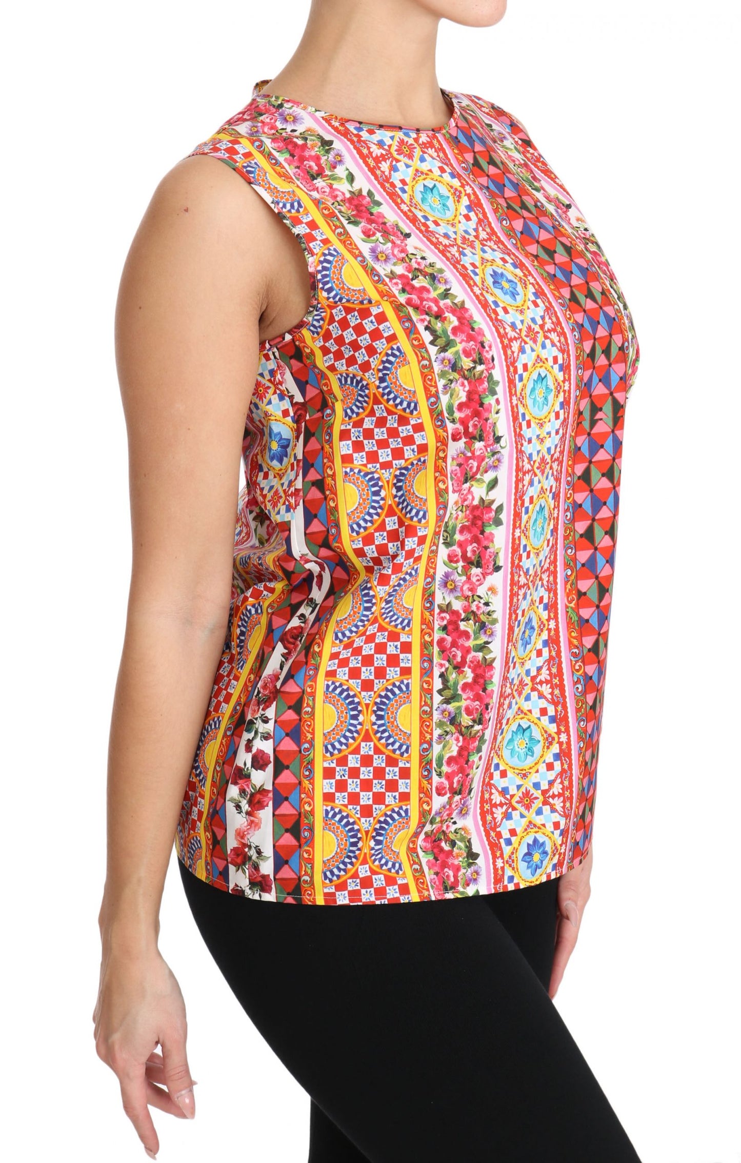 Tanktop aus reiner Baumwolle mit Carretto-Print und Blumenbluse