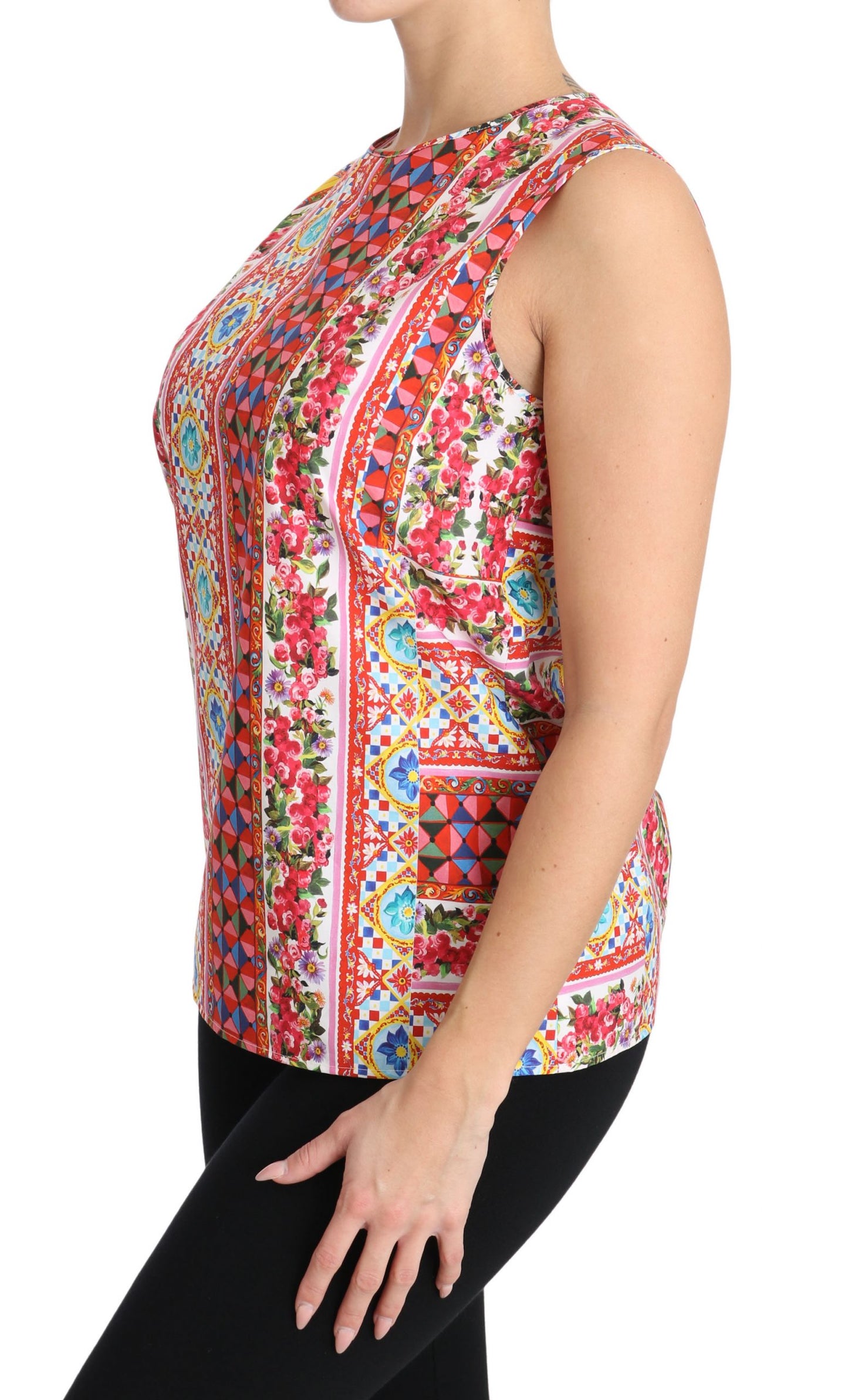 Tanktop aus reiner Baumwolle mit Carretto-Print und Blumenbluse