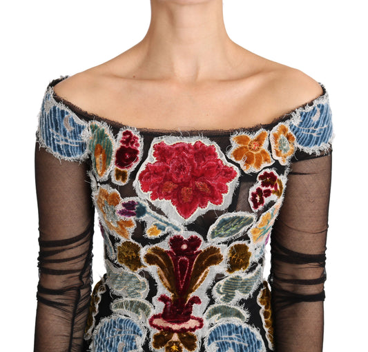 Schwarzes Ricamo-Top mit Blumenmuster, T-Shirt-Bluse