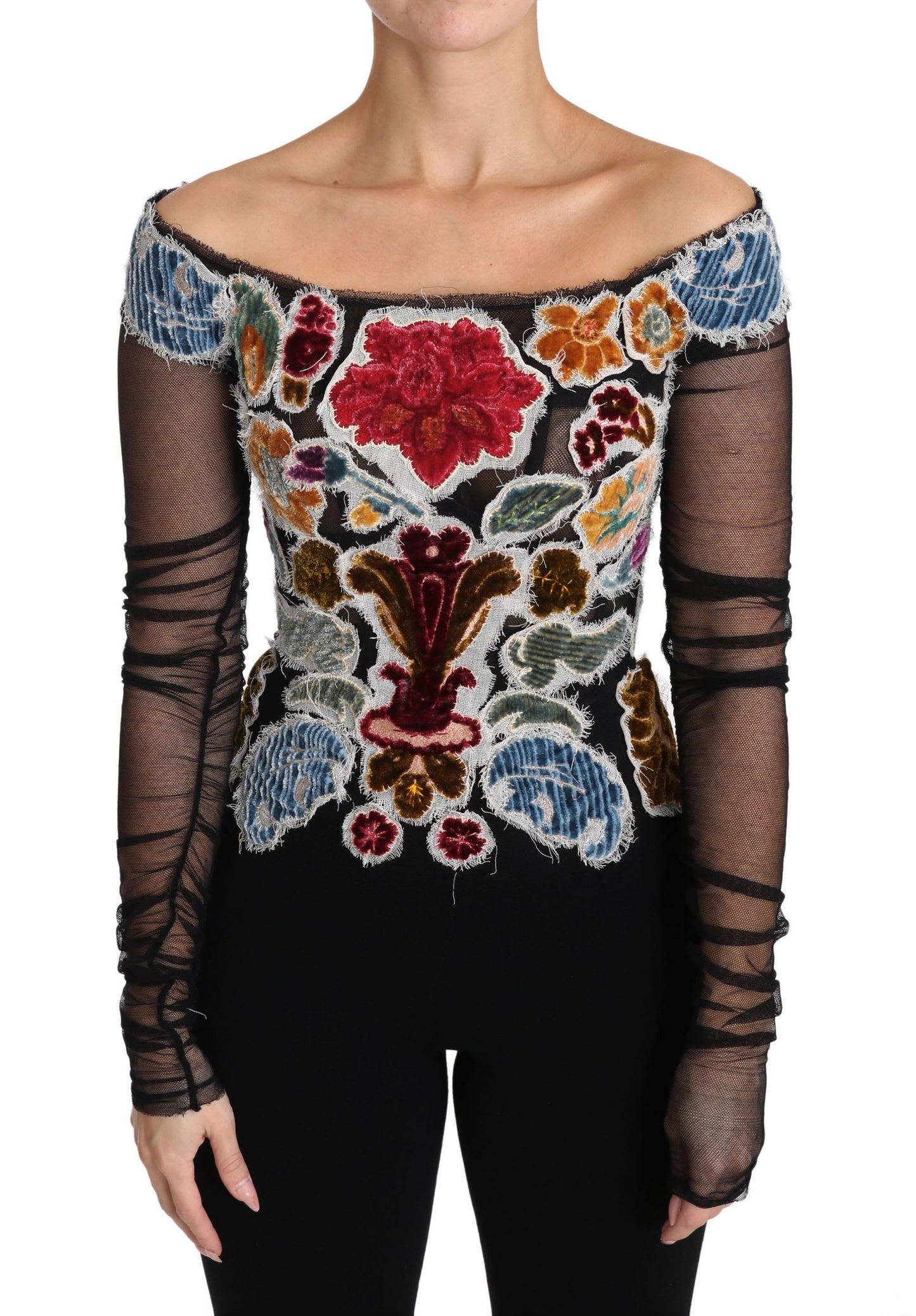 Schwarzes Ricamo-Top mit Blumenmuster, T-Shirt-Bluse