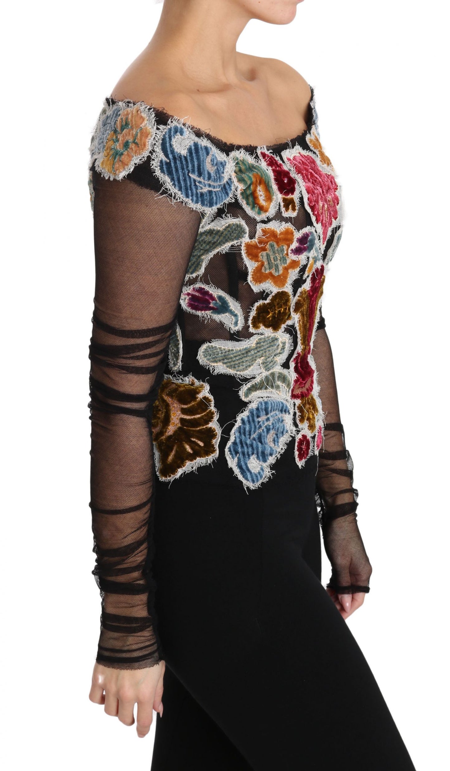 Schwarzes Ricamo-Top mit Blumenmuster, T-Shirt-Bluse