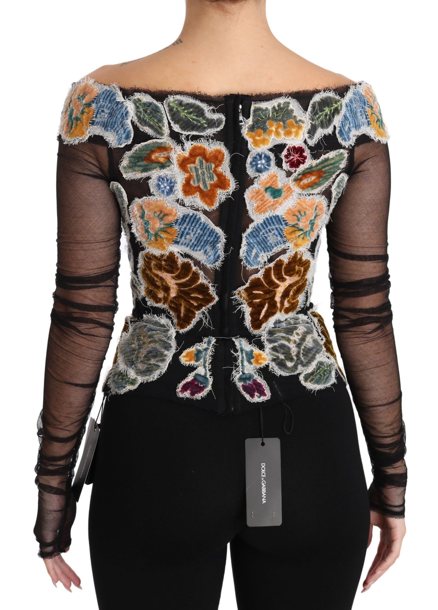 Schwarzes Ricamo-Top mit Blumenmuster, T-Shirt-Bluse