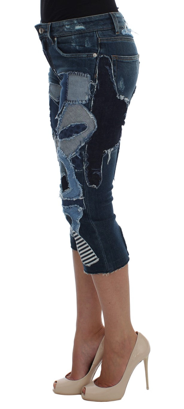 Blaue Stretch-Jeansshorts mit Patchwork-Muster