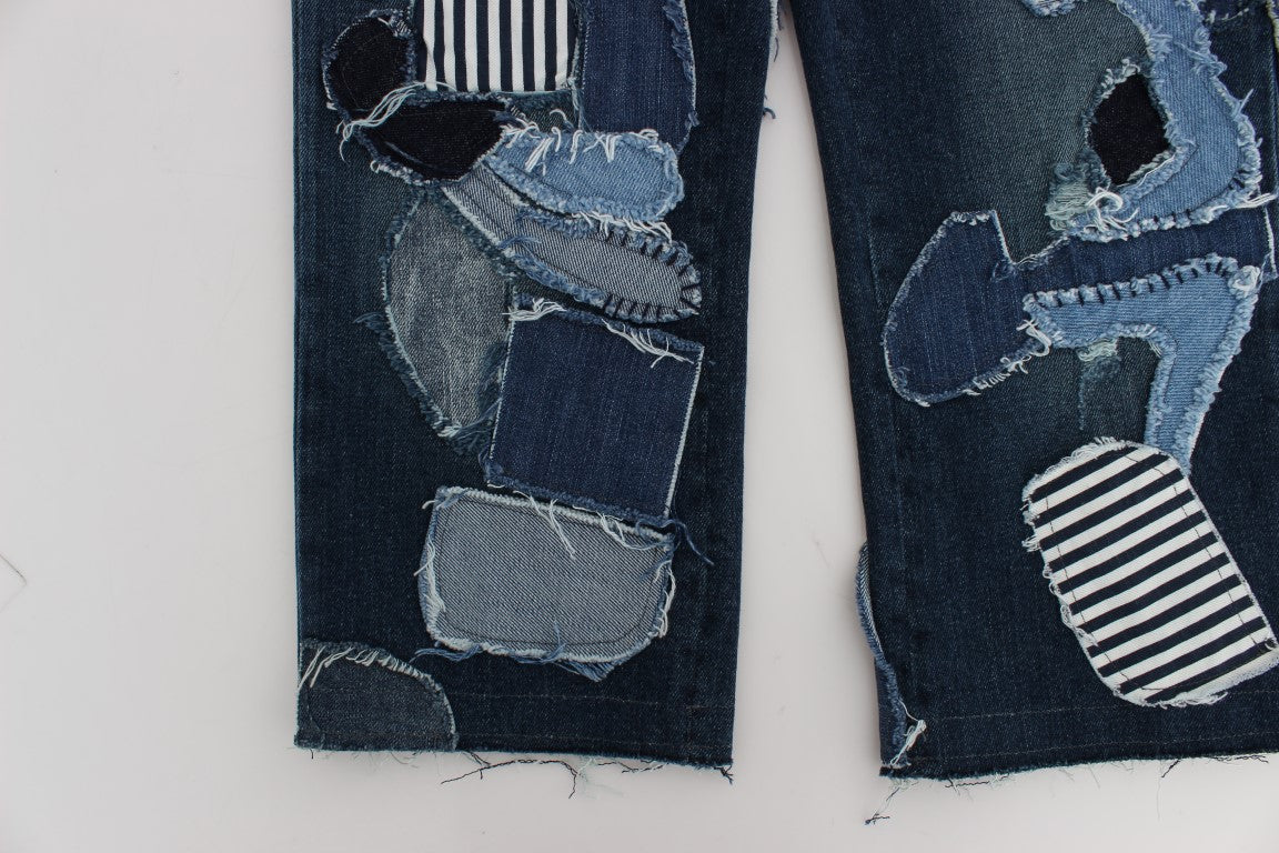 Blaue Stretch-Jeansshorts mit Patchwork-Muster