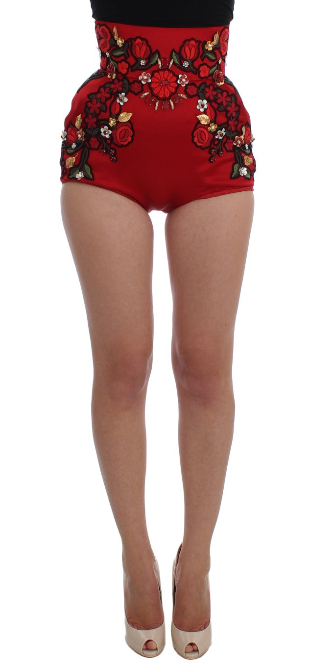 Rote Shorts aus Seide mit Kristallrosen 