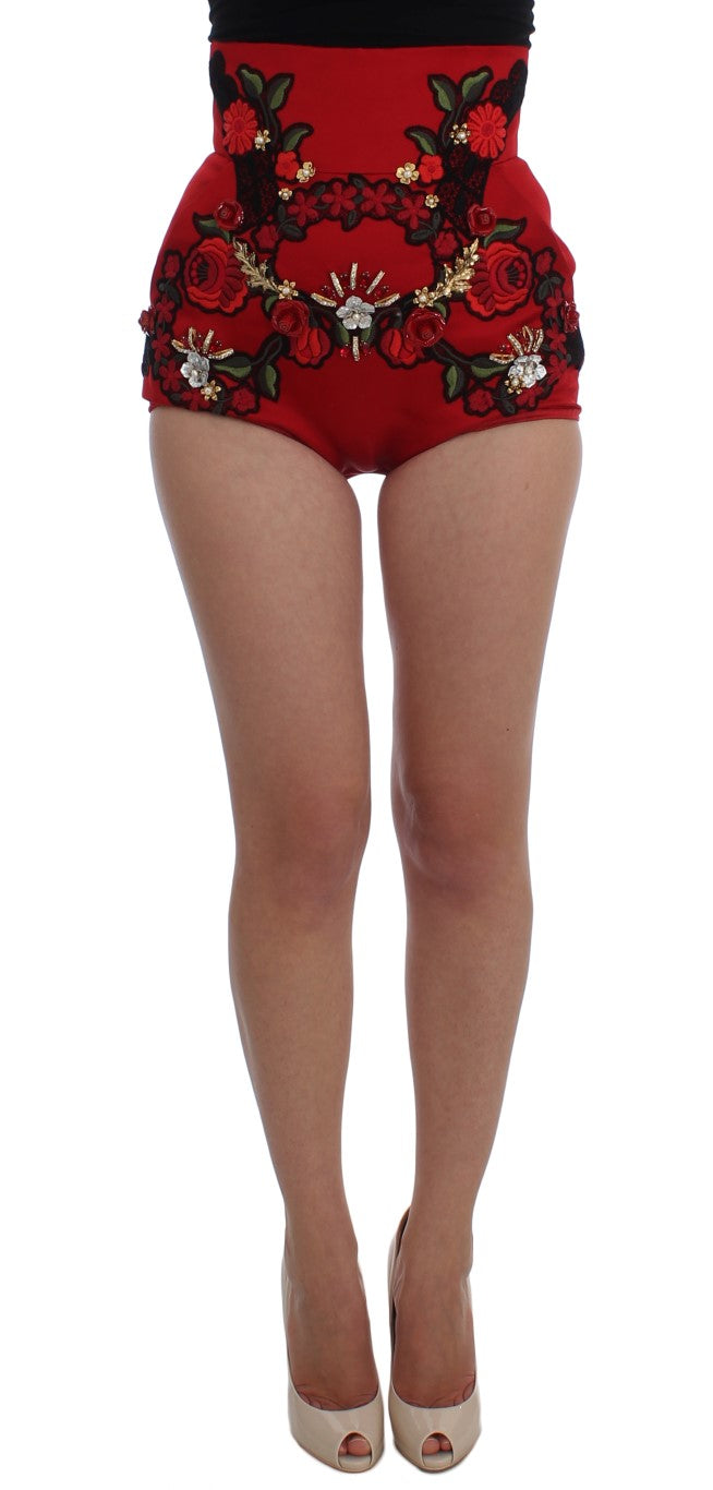 Rote Shorts aus Seide mit Kristallrosen 