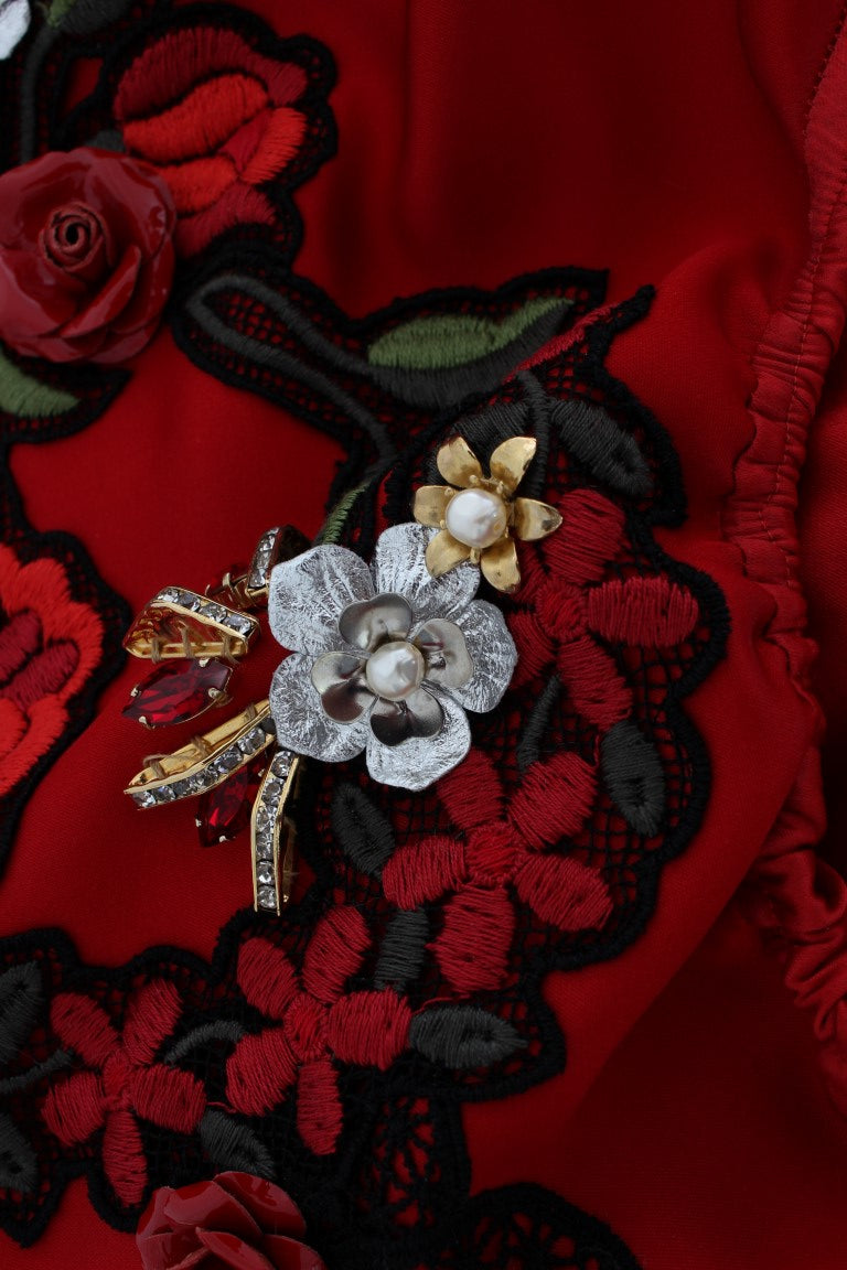 Rote Shorts aus Seide mit Kristallrosen 