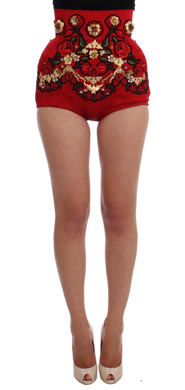 Rote Shorts aus Seide mit Kristallrosen 
