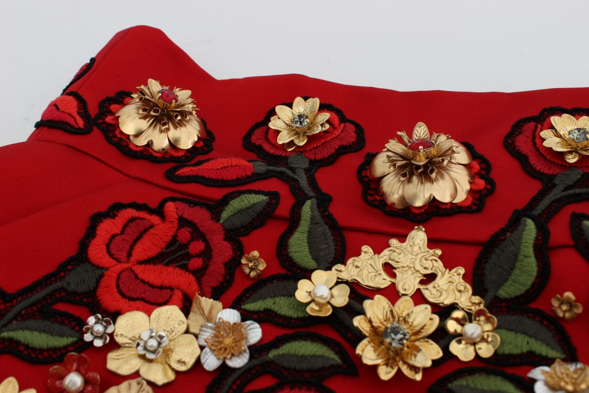 Rote Shorts aus Seide mit Kristallrosen 