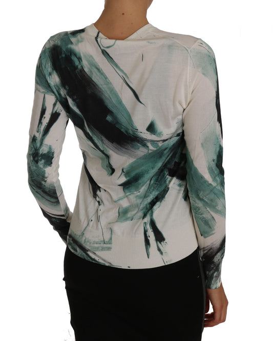 Weißer Seidencardigan, leichter Pullover mit Farbstrichen