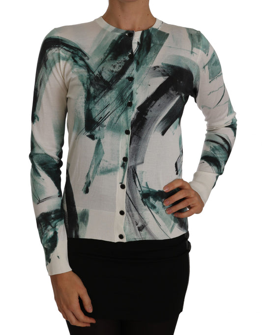 Weißer Seidencardigan, leichter Pullover mit Farbstrichen
