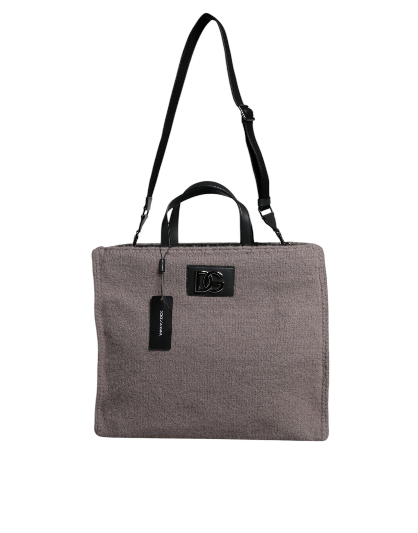 Graue Tote-Umhängetasche aus Alpakawolle mit Logo-Plakette
