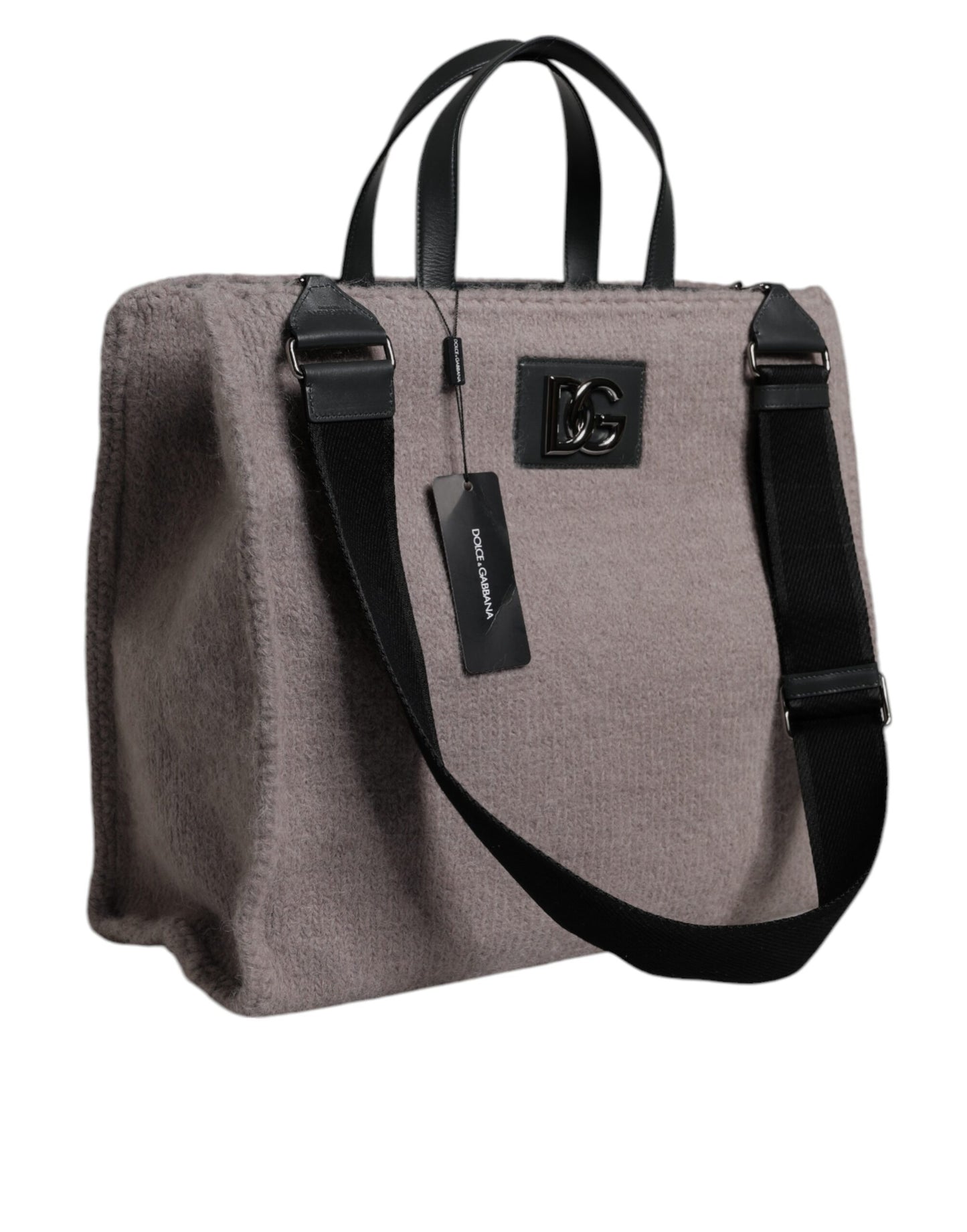 Graue Tote-Umhängetasche aus Alpakawolle mit Logo-Plakette