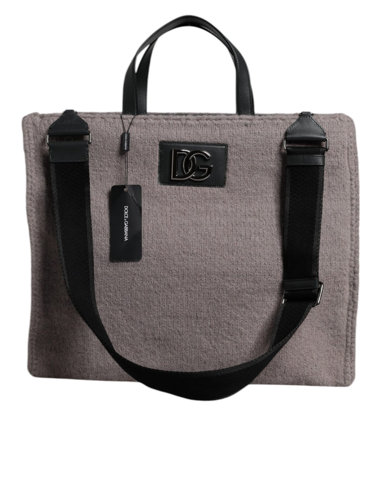 Graue Tote-Umhängetasche aus Alpakawolle mit Logo-Plakette