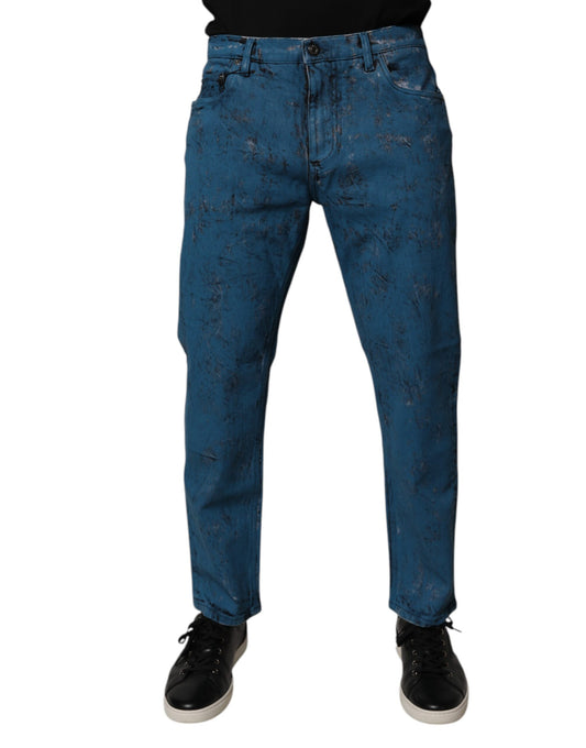 Blaue Skinny Jeans aus Baumwolle mit Batikmuster für Herren