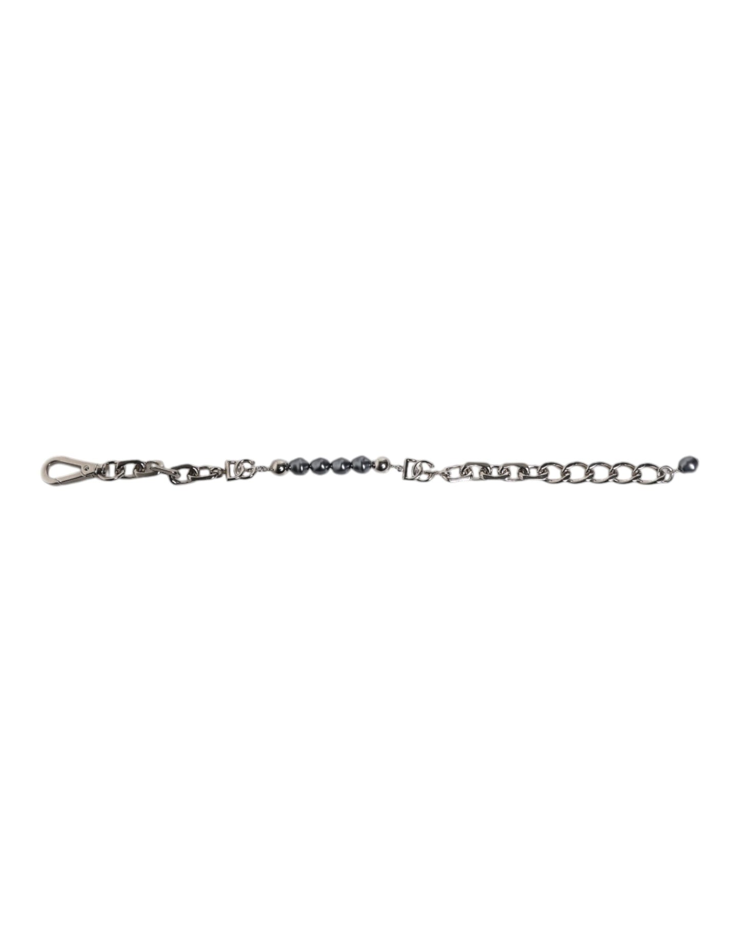 Silberfarbenes Kettenarmband mit Karabinerverschluss und grauen Perlen