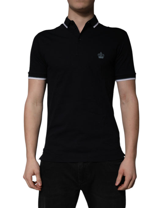 Schwarzes Polo-T-Shirt aus Baumwolle mit Kronenkragen