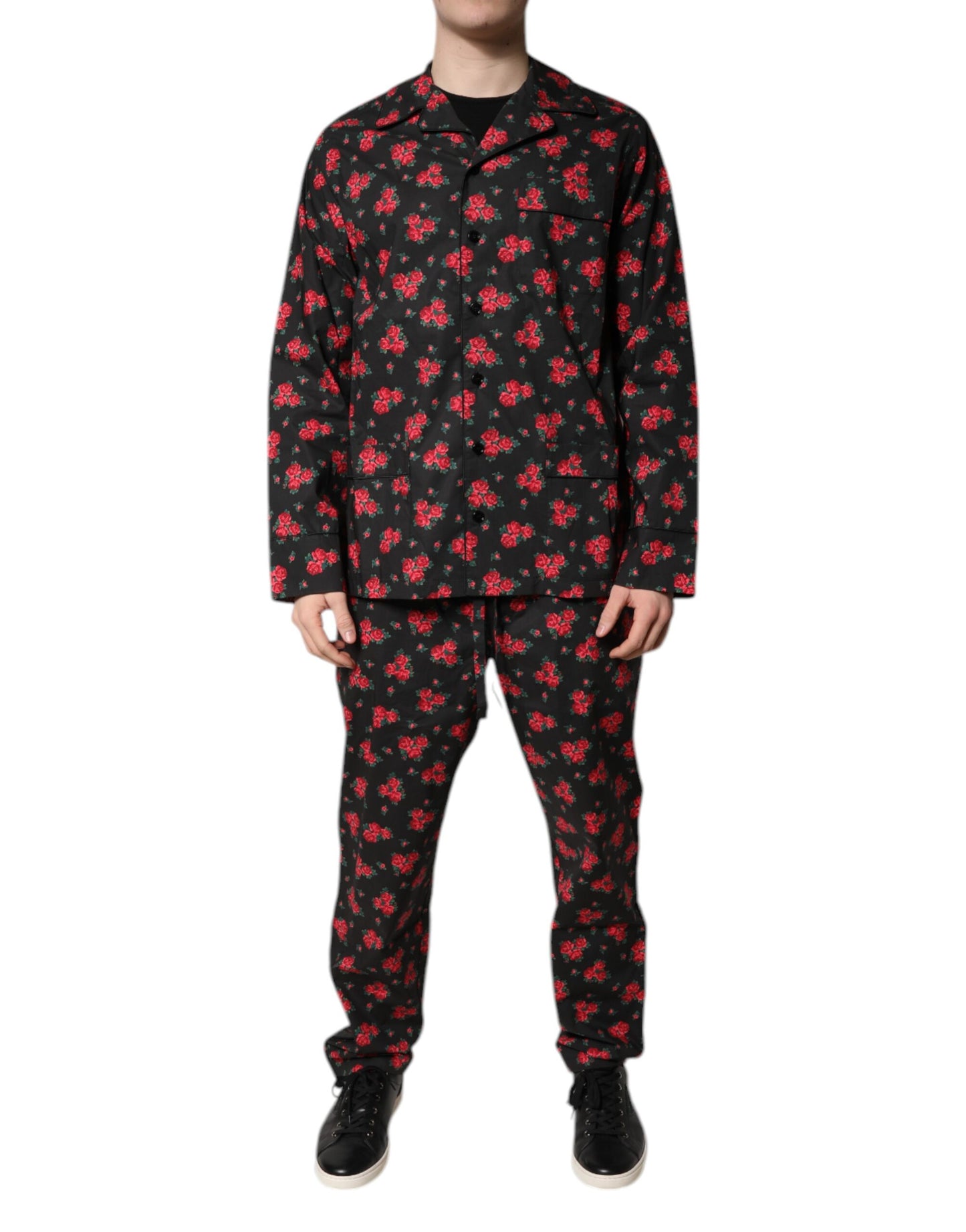 Schwarzer Pyjama-Set aus Baumwolle mit Blumendruck für Herren