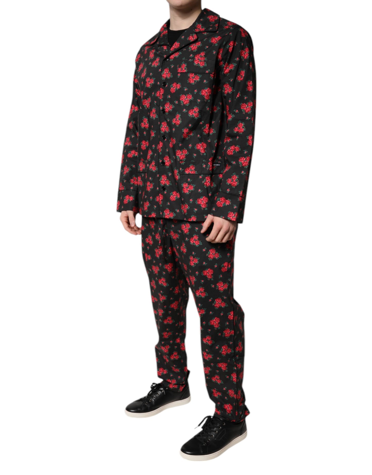 Schwarzer Pyjama-Set aus Baumwolle mit Blumendruck für Herren