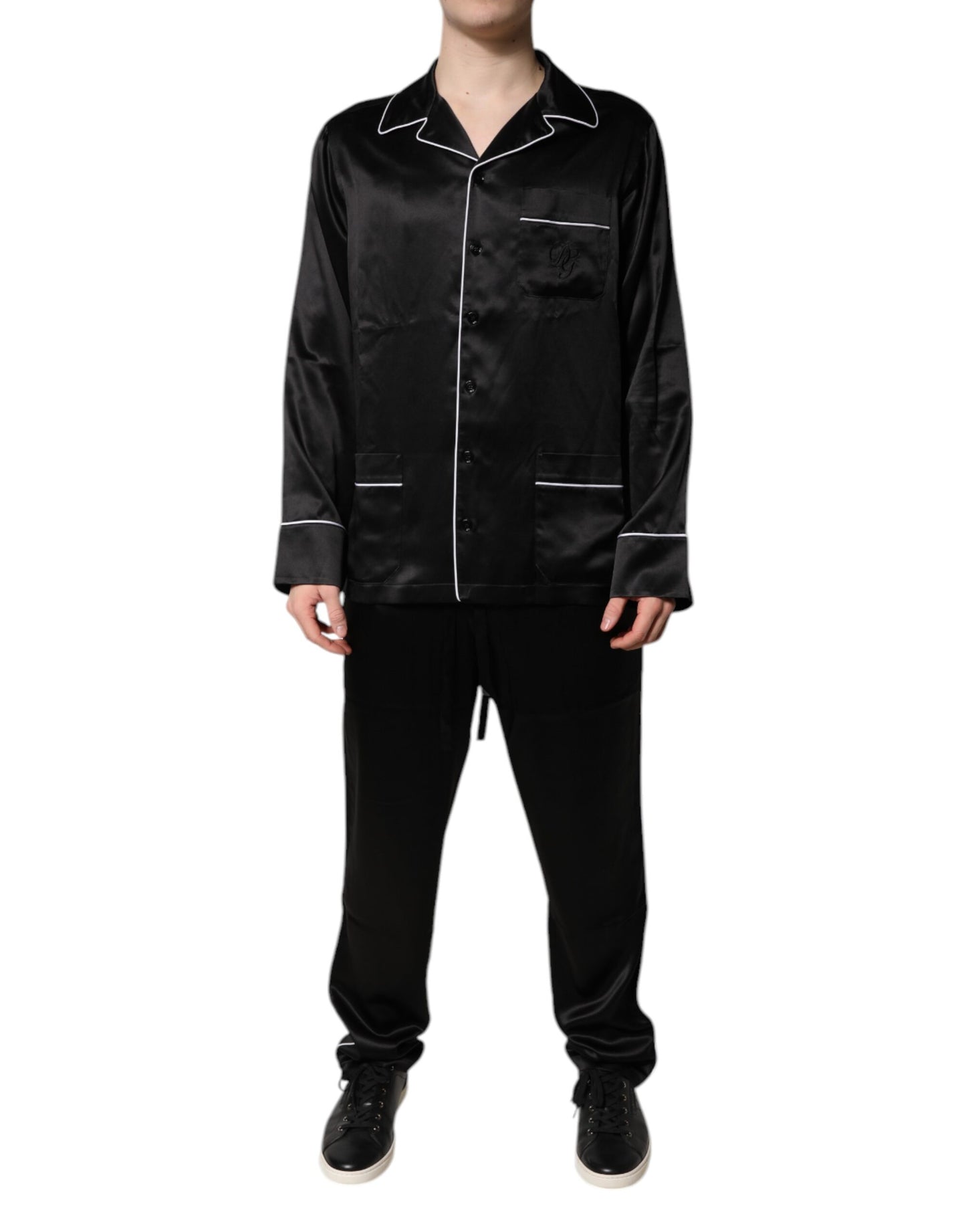 Schwarzes Seidenhemd- und Hosen-Pyjama-Set, Nachtwäsche