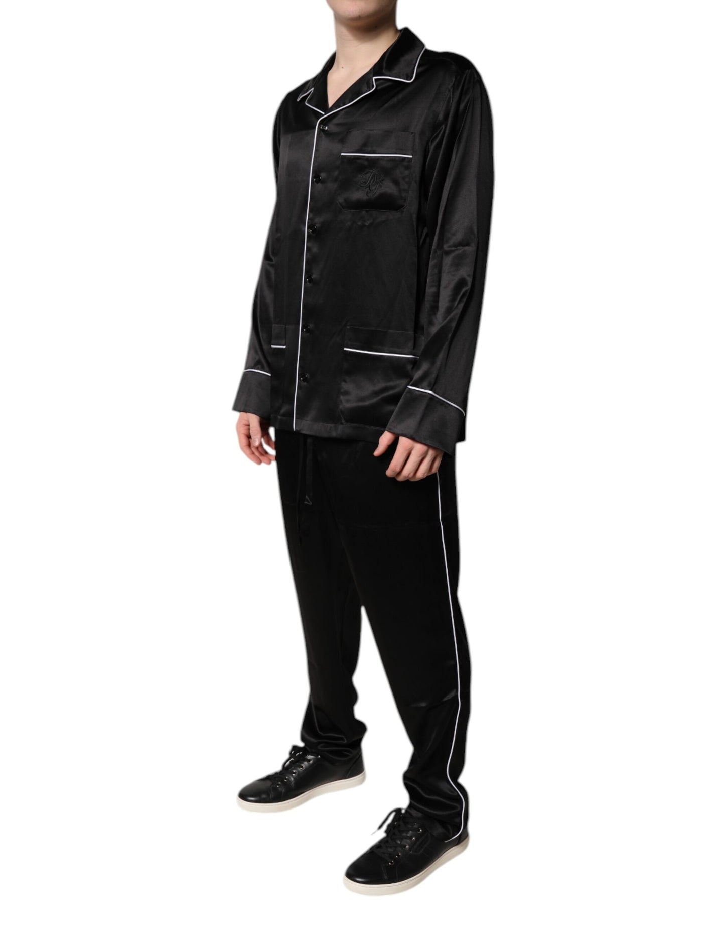 Schwarzes Seidenhemd- und Hosen-Pyjama-Set, Nachtwäsche