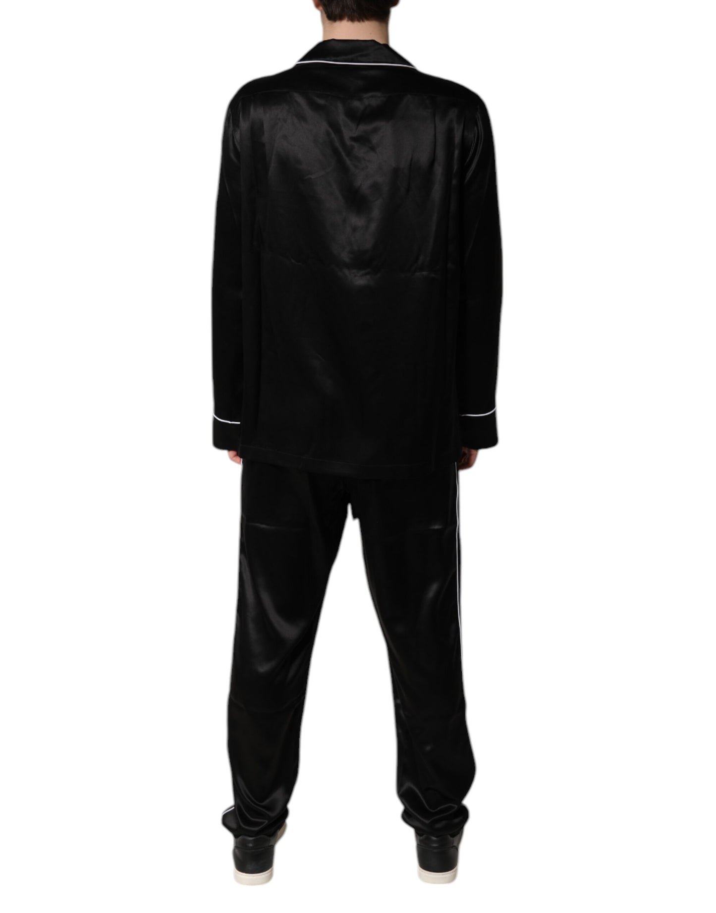 Schwarzes Seidenhemd- und Hosen-Pyjama-Set, Nachtwäsche
