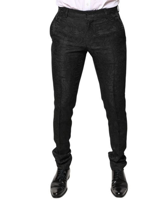 Schwarze Jacquard-Anzughose mit mittelhohem Bund und Blumenmuster