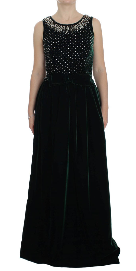 Grünes, langes Maxikleid aus Samt mit Kristallen