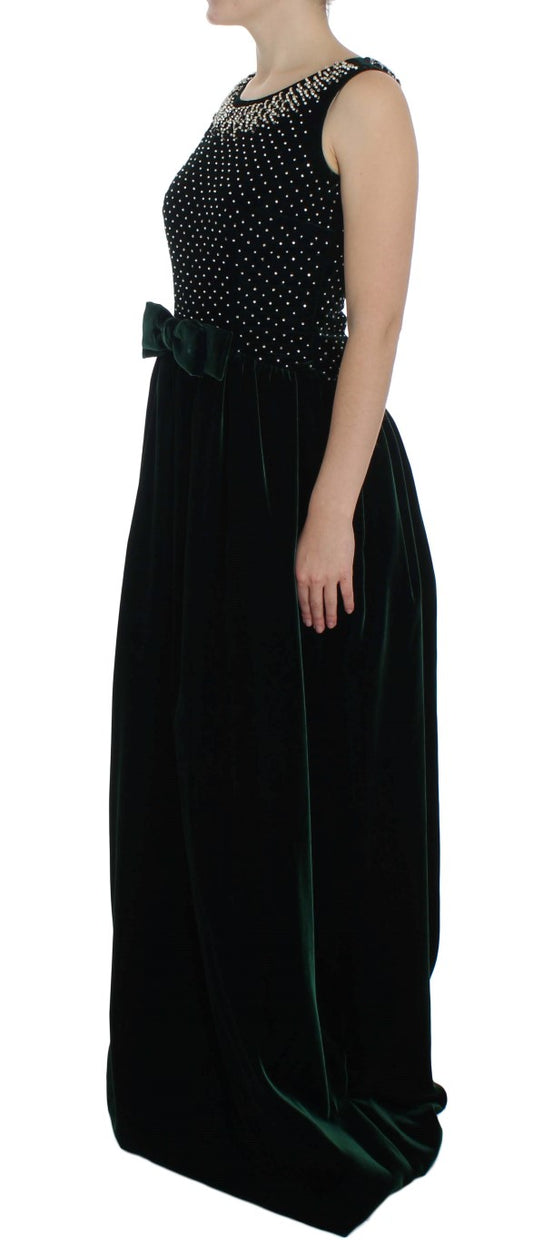 Grünes, langes Maxikleid aus Samt mit Kristallen