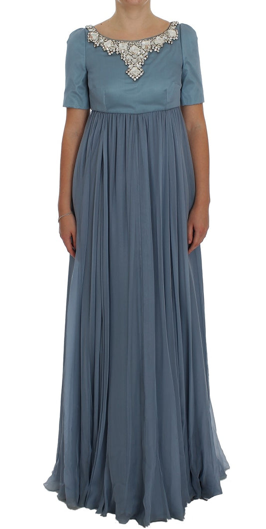 Blaues Ballkleid aus Seide mit Kristallen