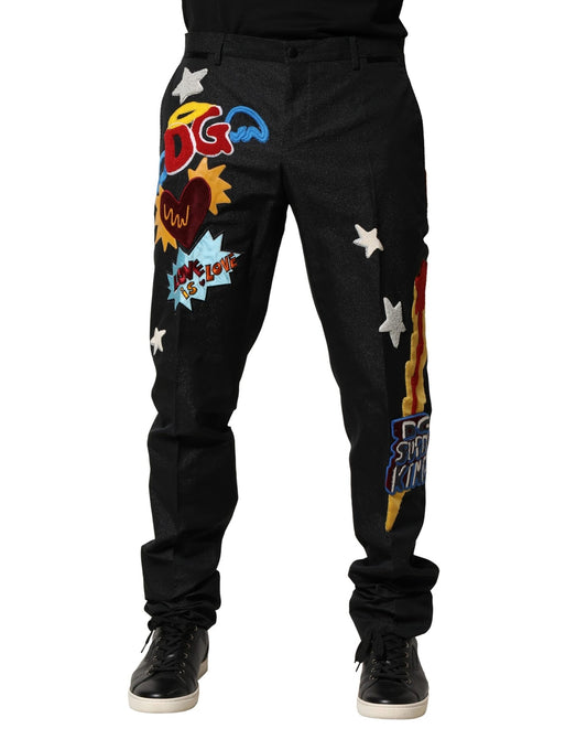 Schwarze Herrenhose mit Grafikstickerei