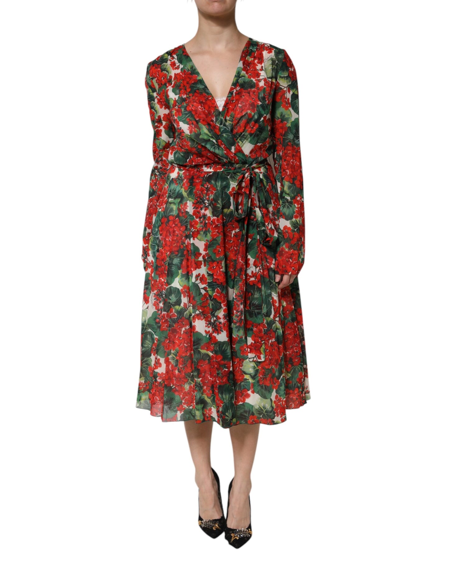 Mehrfarbiges Kleid mit Blumenmuster und langen Ärmeln und V-Ausschnitt