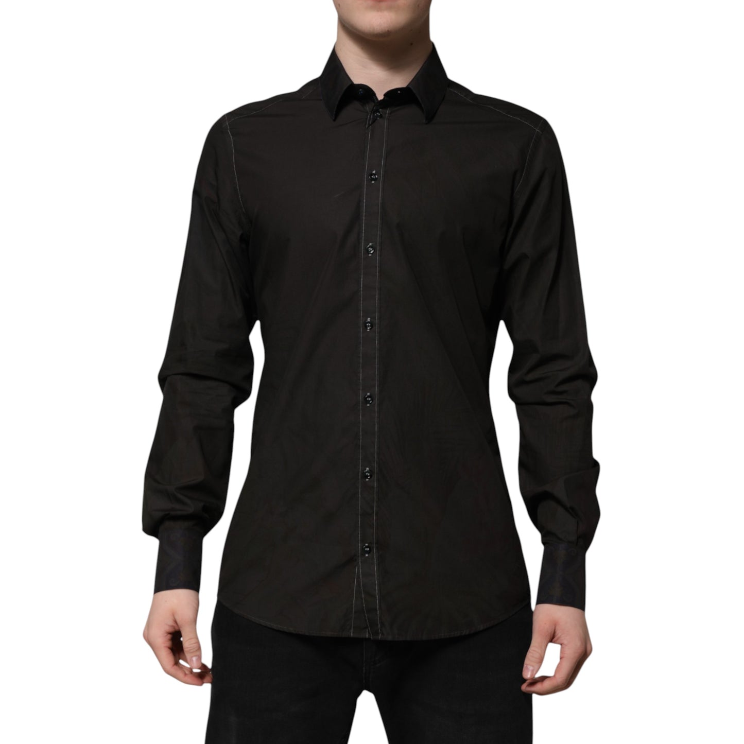 Schwarzes Hemd aus Baumwolljacquard mit GOLD-Kragen