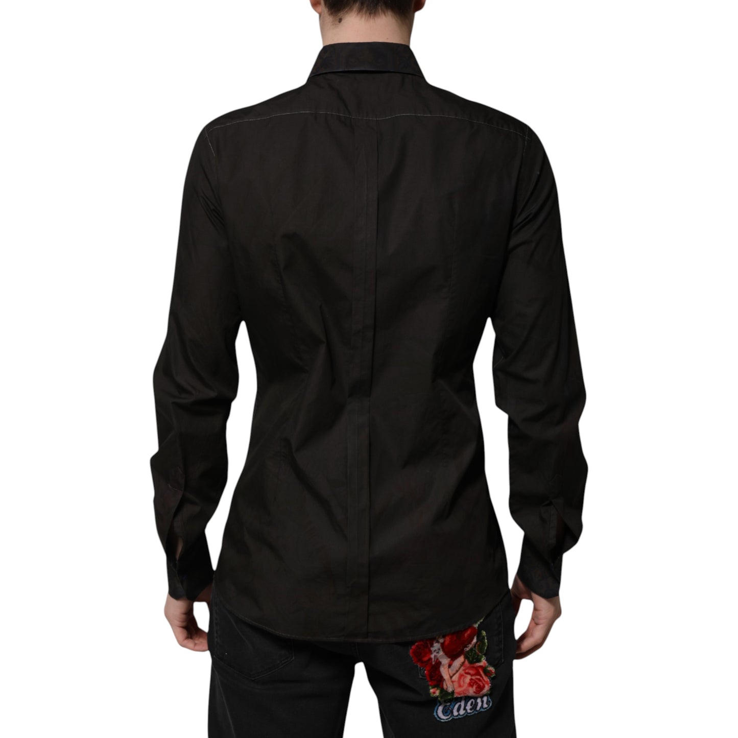 Schwarzes Hemd aus Baumwolljacquard mit GOLD-Kragen