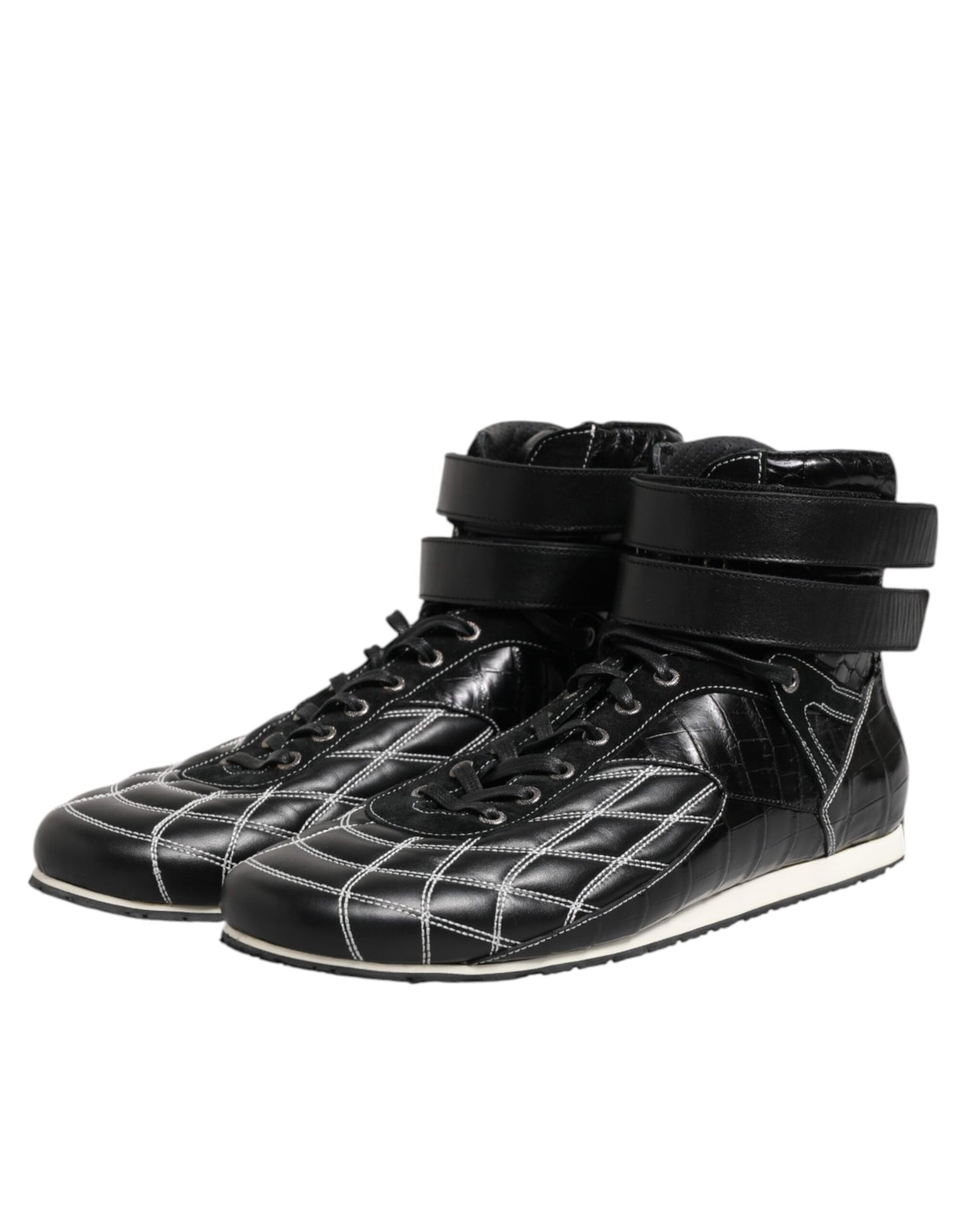 Schwarze gesteppte Leder-Schnürsneaker