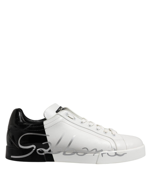 Weiß Schwarz Logo Low Top Leder Sneakers Schuhe