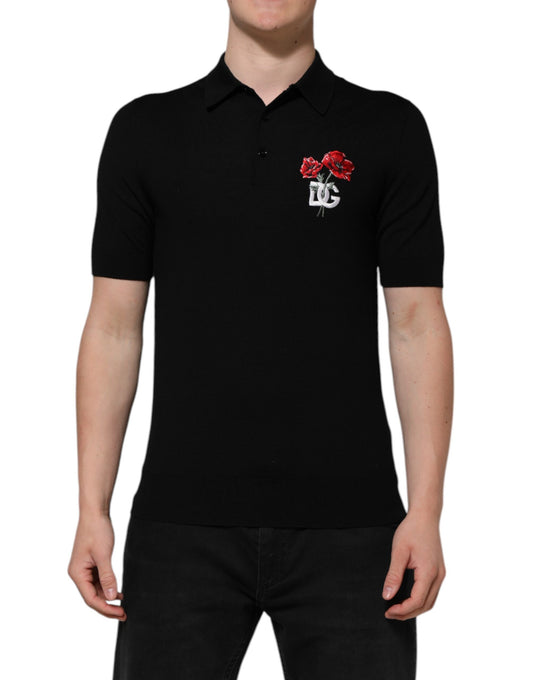 Schwarzes Poloshirt aus Wolle mit DG-Logo und Rosenkragen