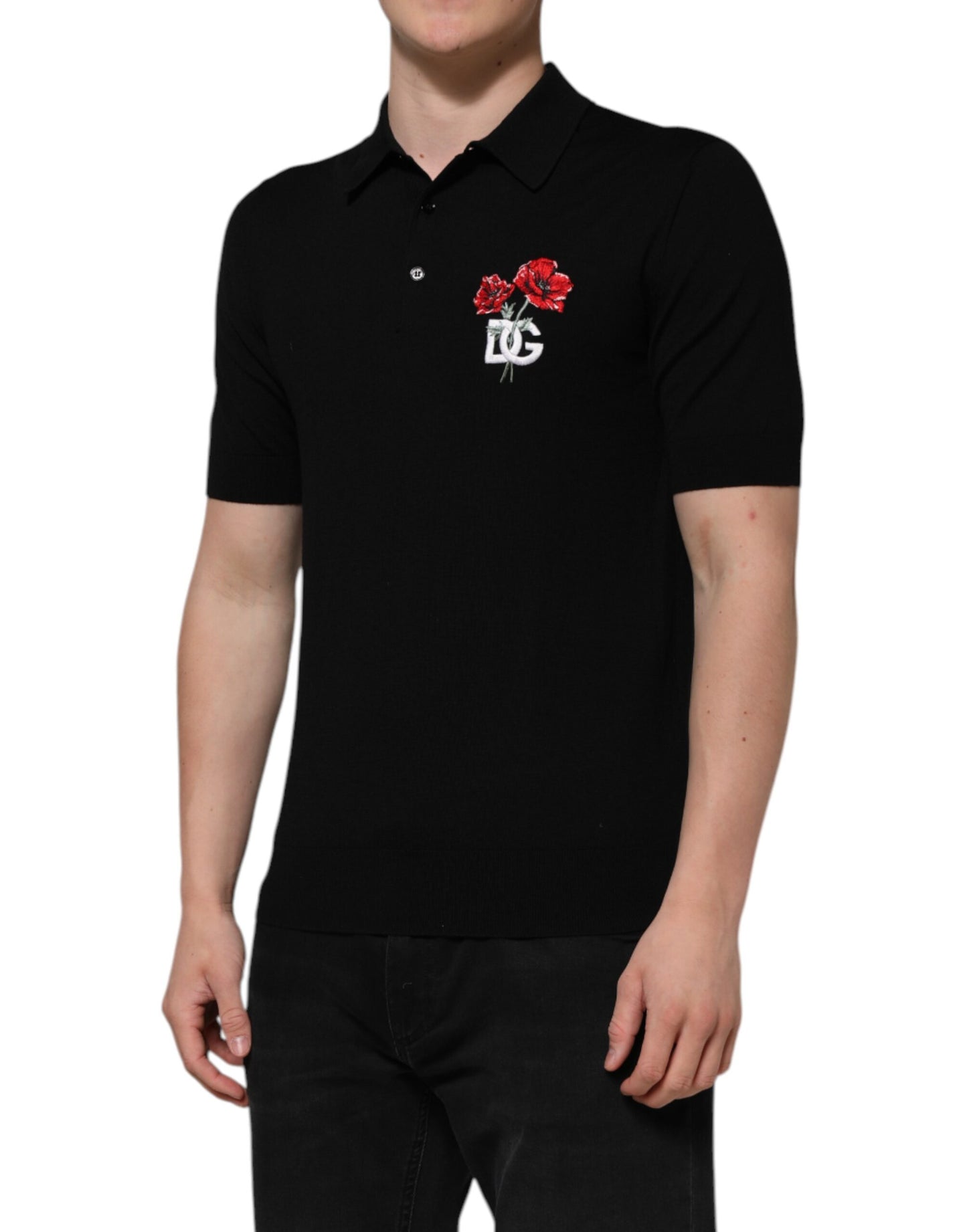 Schwarzes Poloshirt aus Wolle mit DG-Logo und Rosenkragen