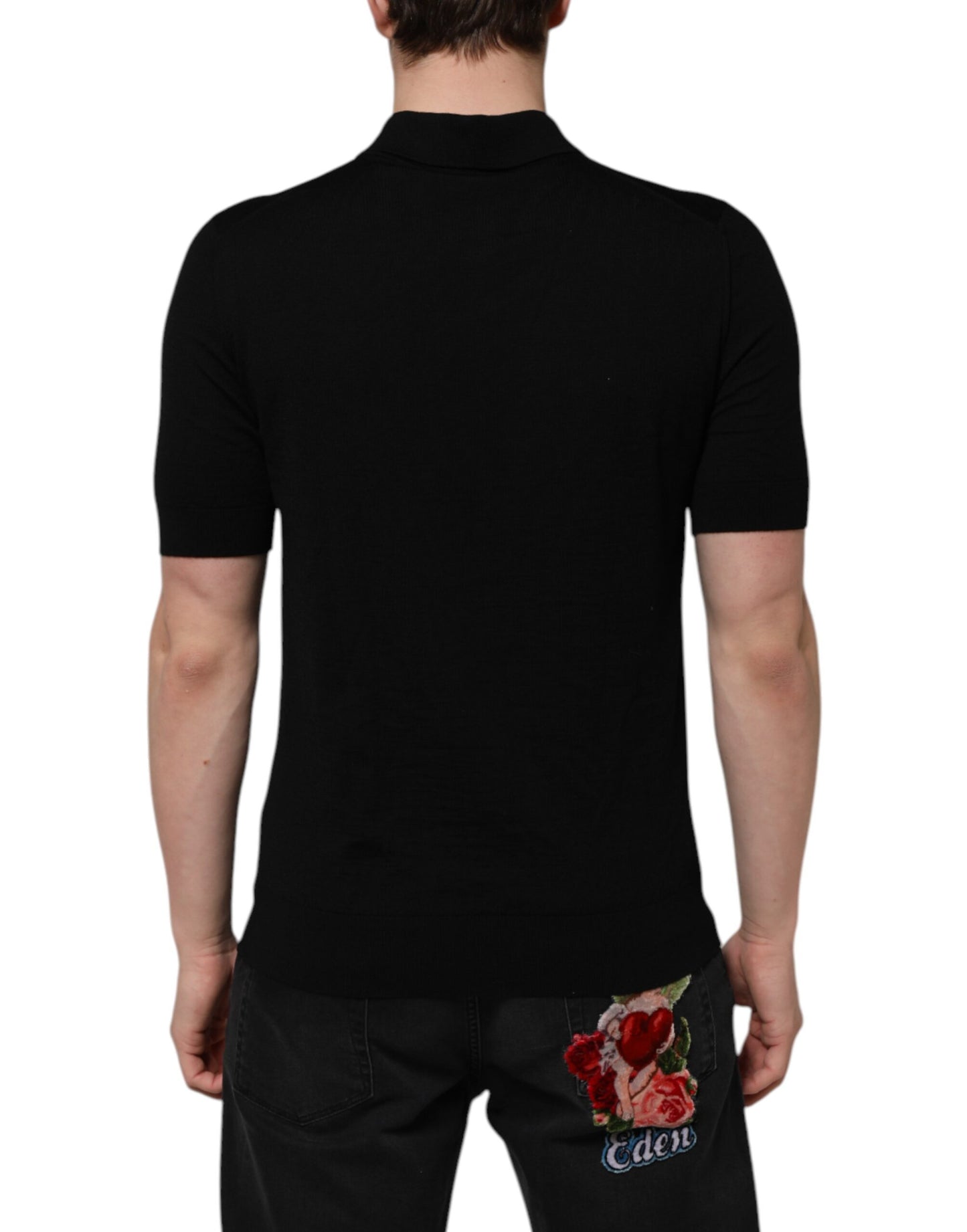 Schwarzes Poloshirt aus Wolle mit DG-Logo und Rosenkragen