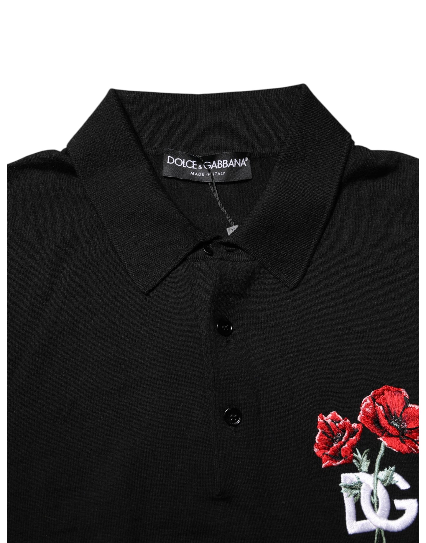 Schwarzes Poloshirt aus Wolle mit DG-Logo und Rosenkragen