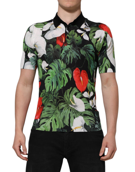 Mehrfarbiges Poloshirt aus Seide mit Blumenmuster und Kragen