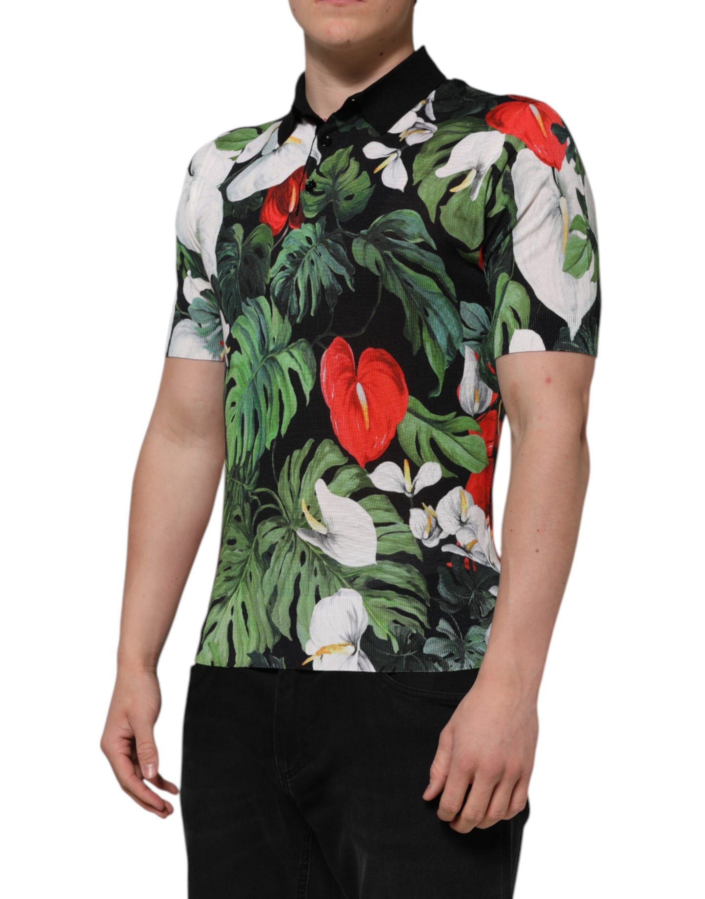Mehrfarbiges Poloshirt aus Seide mit Blumenmuster und Kragen