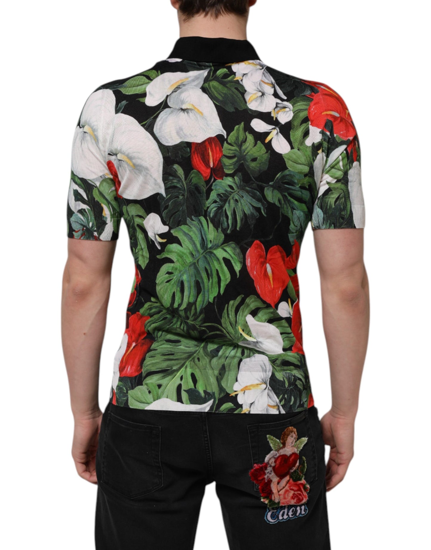 Mehrfarbiges Poloshirt aus Seide mit Blumenmuster und Kragen