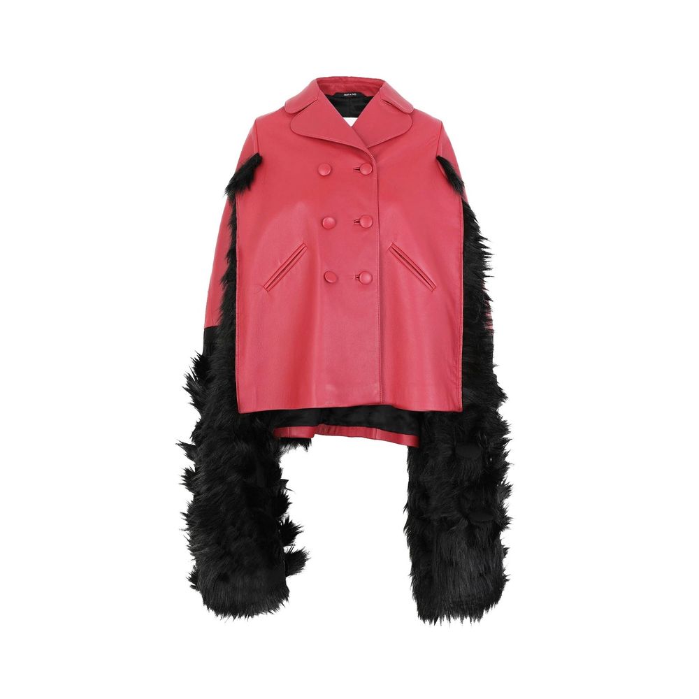 Cape-Jacke aus Leder mit Kunstpelzbesatz