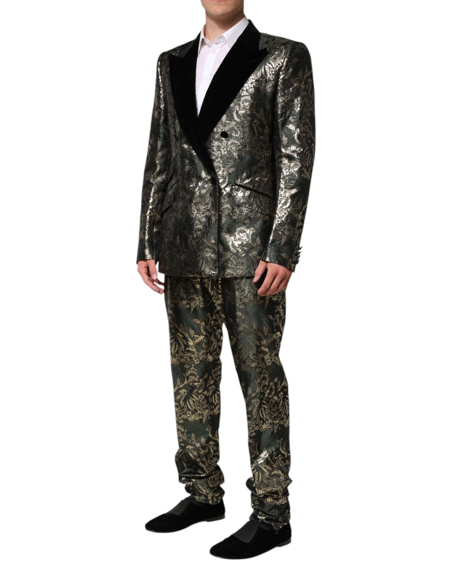 2-teiliger Anzug aus Jacquard-Seide mit Metallic-Blumenmuster